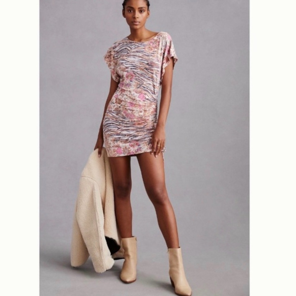 Anthro Daily Practice Floral Zebra Pink Brown Motif Short Ruched Dress large